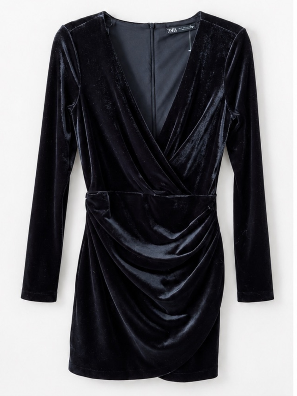 ZARA Black Velvet Wrap Dress with Draped Waist
